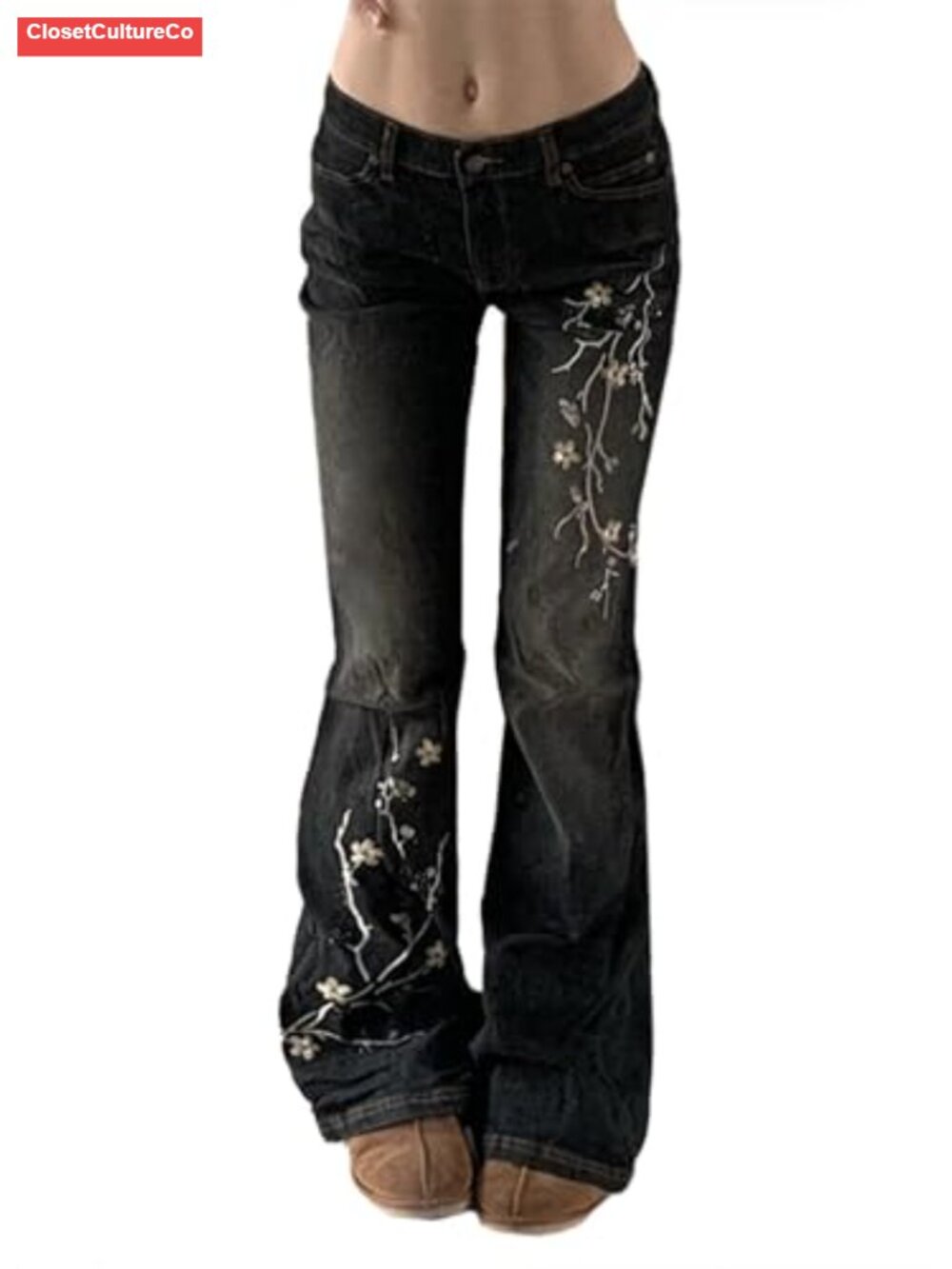 Stretchy Flare Mid Rise Embroidered Denim Jeans 90s Y2K Outfit